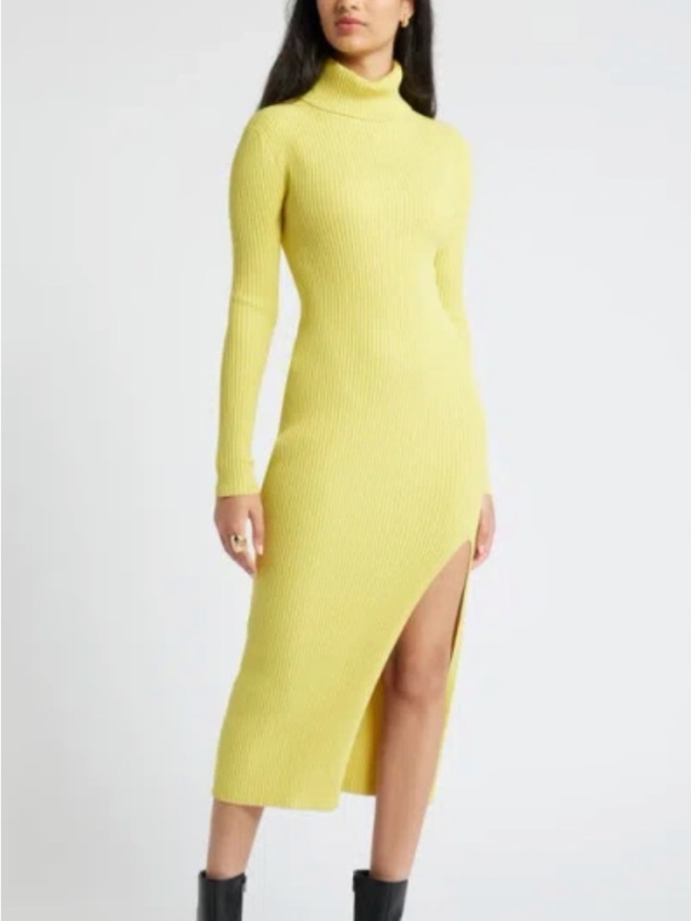 Turtleneck Ribbed Midi Dress with Side Slit in Lemon Yellow